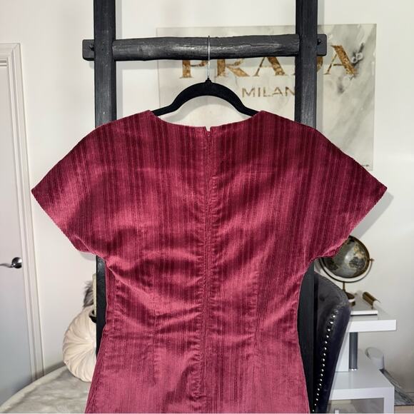 Rouje Paris Auxane Velour Corduroy Short Mini Dress in Cerise Burgundy - Picture 11 of 12